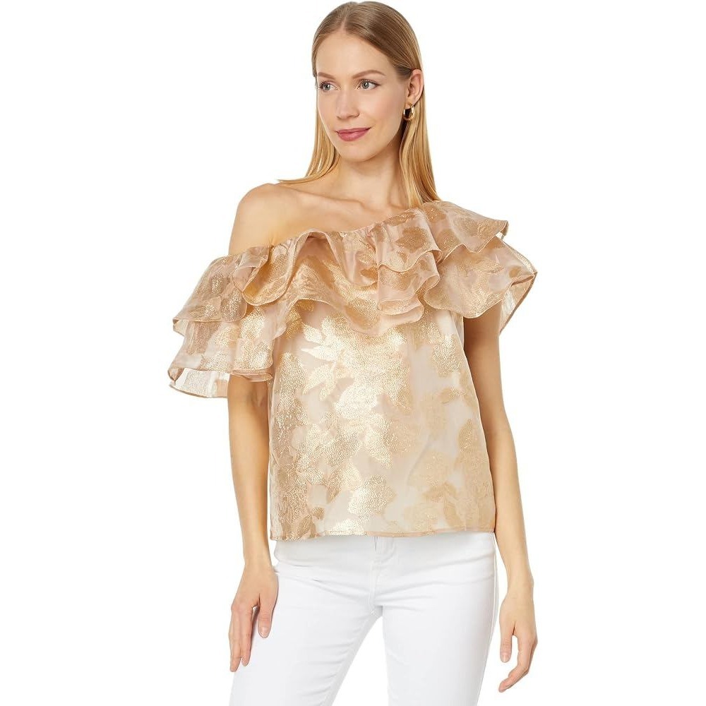 Lilly Pulitzer Trixie One-Shoulder Ruffle Top XS Gold Organza Elegant Cruisewear